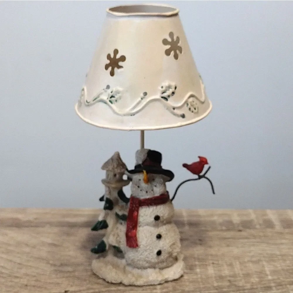 VTG Set of 2 Christmas Ceramic Snowman‎ Metal Shade Tealight Holders